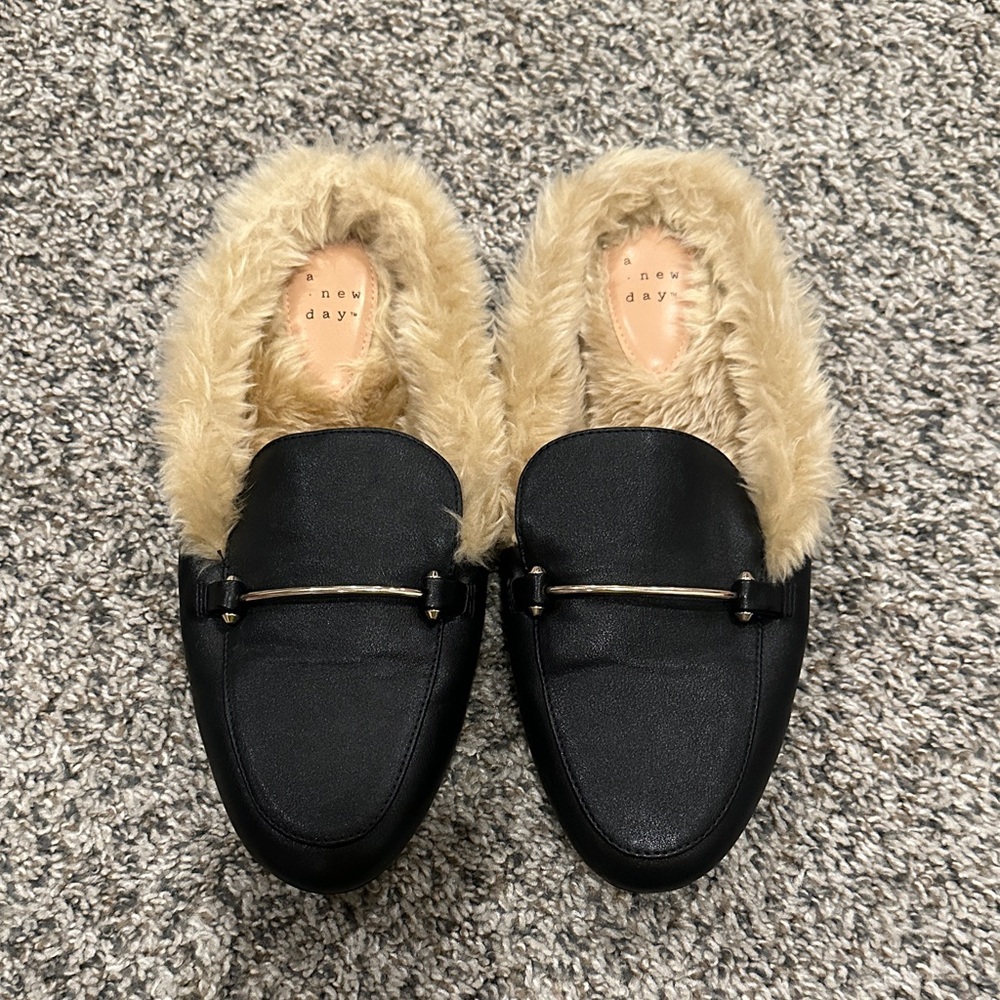 a new day Black Loafers with Cream Faux Fur Lining